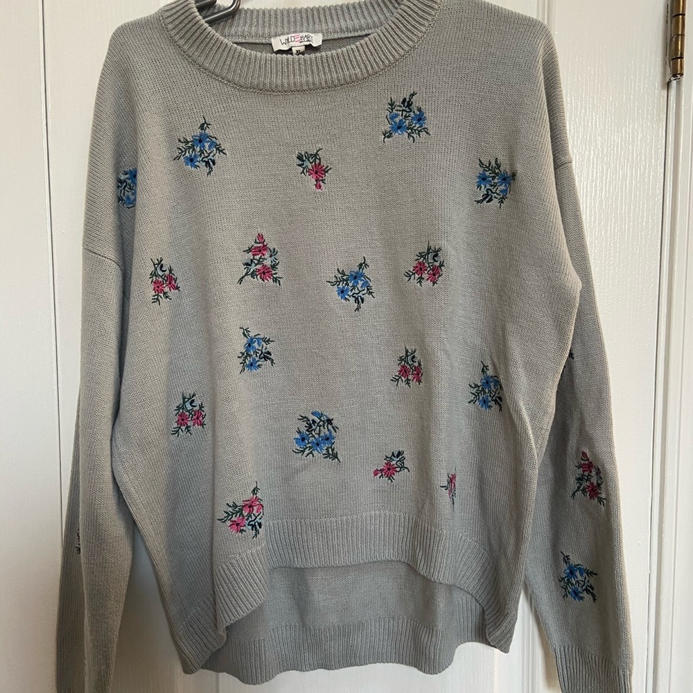 Gray Sweater with Blue/Pink Embroidered Flowers